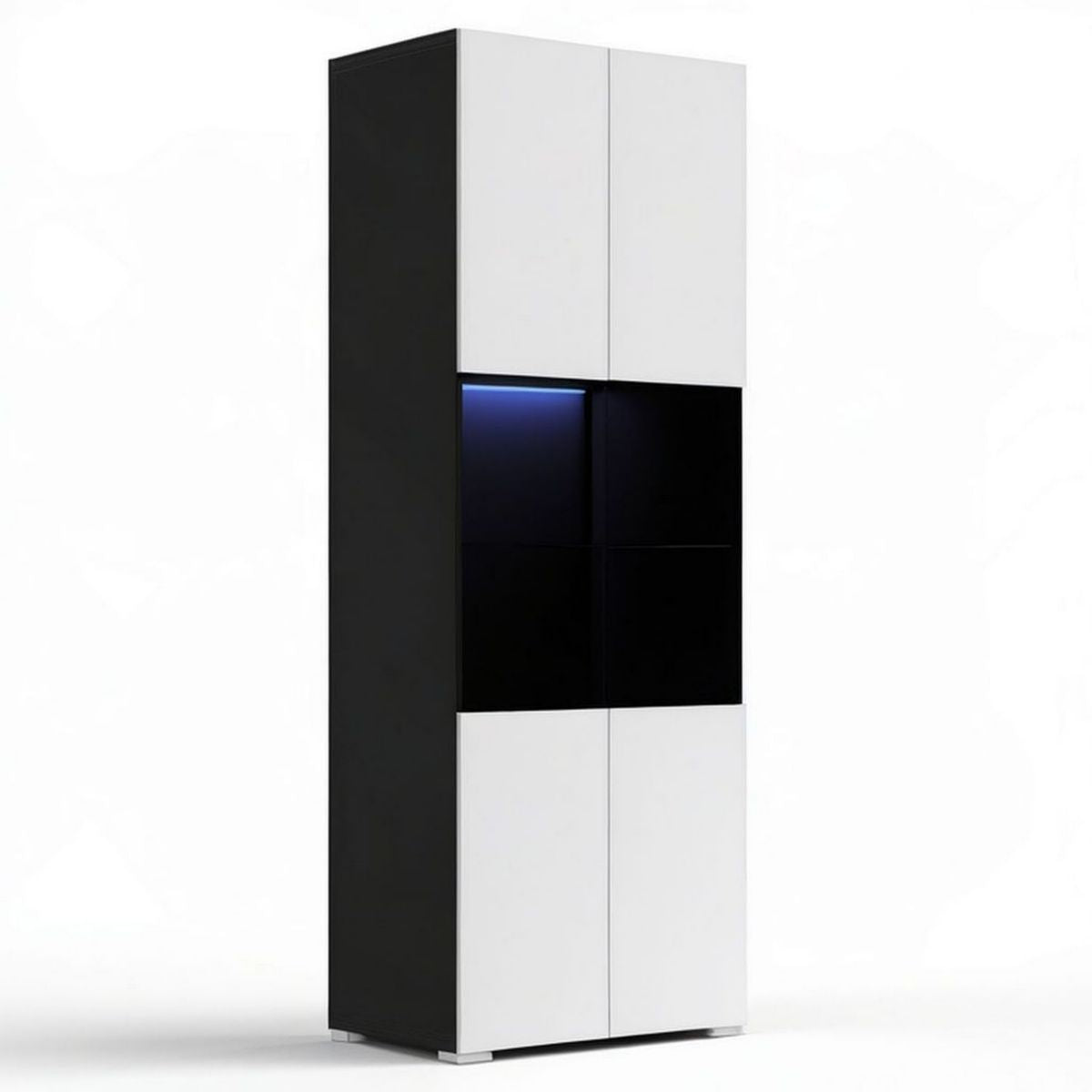 Vitrinenschrank mit blauer LED-Beleuchtung, 60 x 35 x 180 cm, Weiss/Schwarz