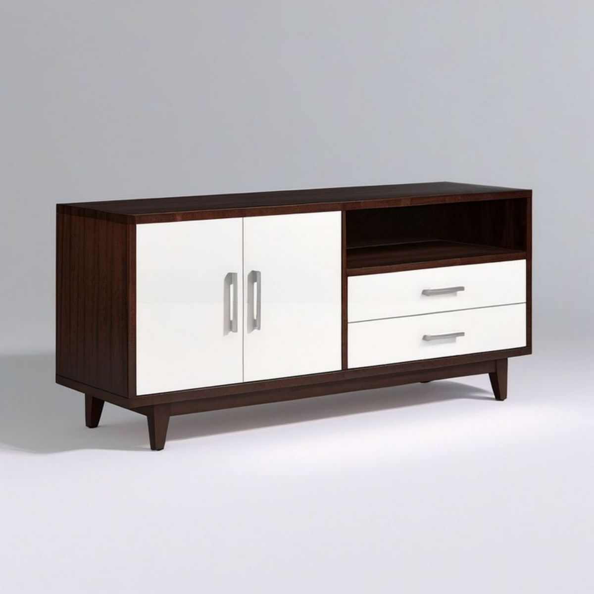TV-Lowboard 120 x 40 x 70 cm in Walnussbraun und Weiss aus MDF mit 2 Türen, 2 Schubladen und offenem Fach