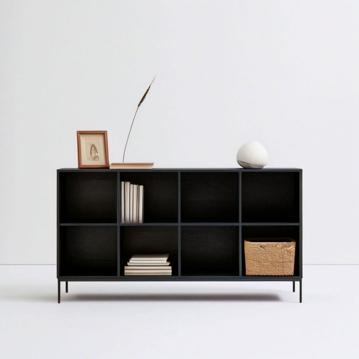 Bücherregal mit 8 offenen Fächern, Schwarz, MDF und Stahl, 120 x 35 x 80 cm