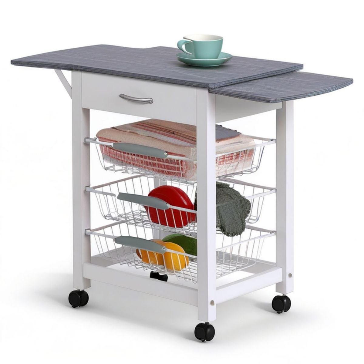 Küchenwagen mit Klappplatten, Schublade und 3 Drahtkörben, 110 x 37 x 85 cm, Weiss/Grau