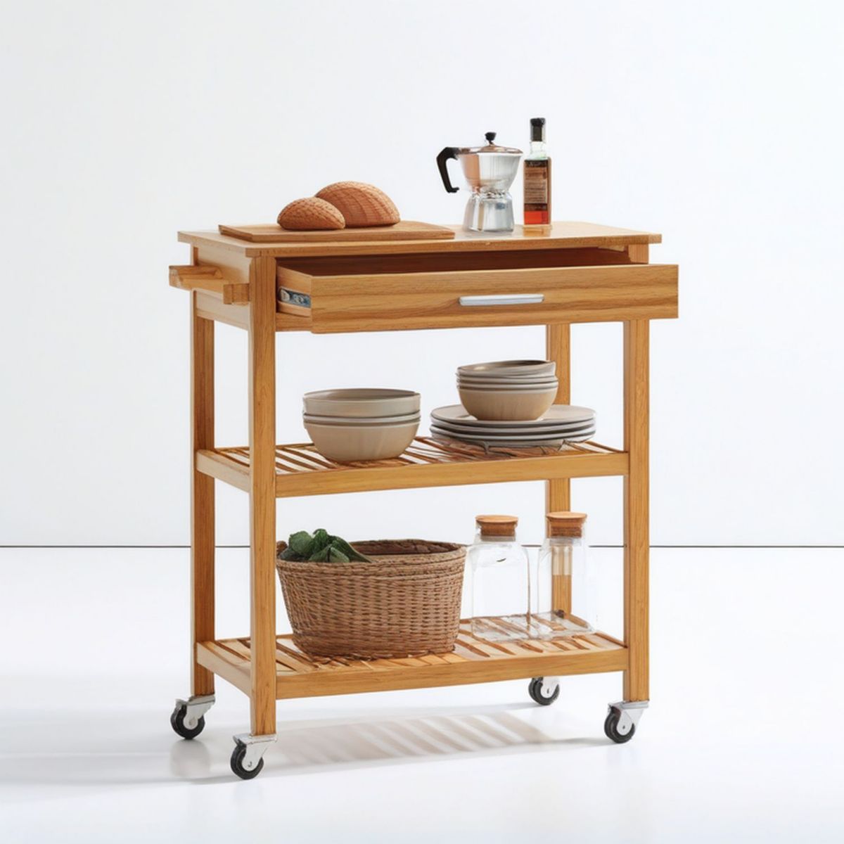Servierwagen aus Bambus Natur mit Schublade und 2 Ablagen, 67 x 37 x 86 cm