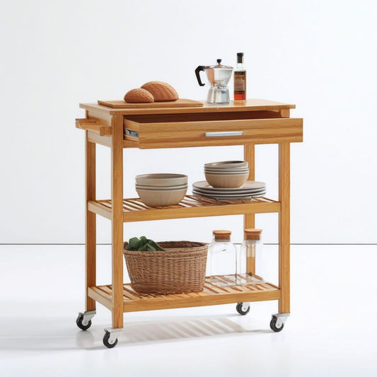 Servierwagen aus Bambus Natur mit Schublade und 2 Ablagen, 67 x 37 x 86 cm
