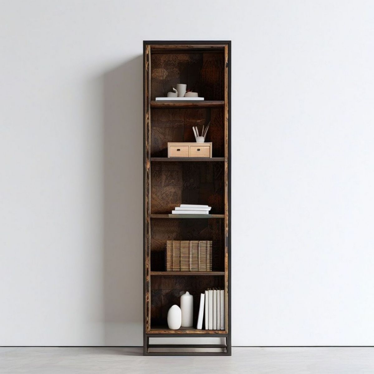 Bücherregal 50 x 30 x 180 cm mit 5 offenen Fächern, Stahl und MDF, Schwarz/Dunkelbraun